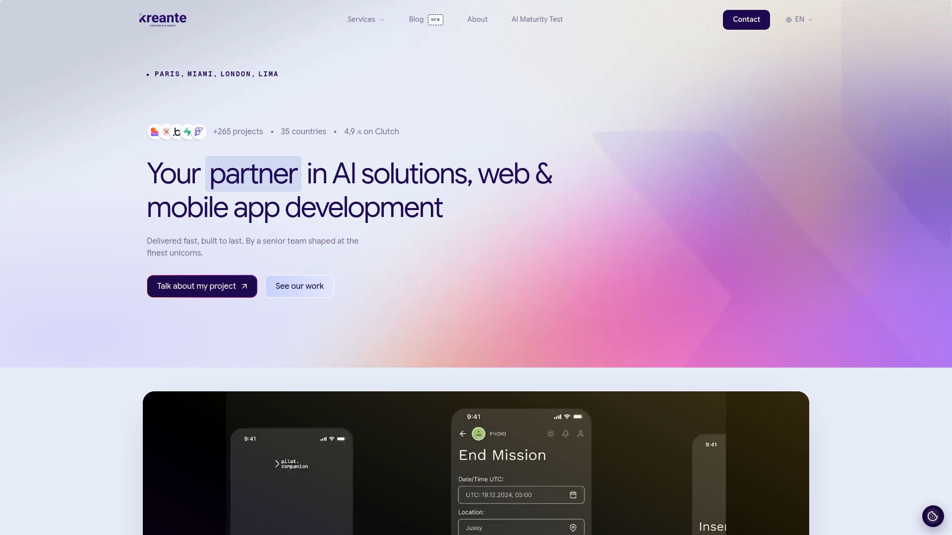 Screenshot of the Kreante homepage headlined Your partner in AI solutions, web and mobile app development