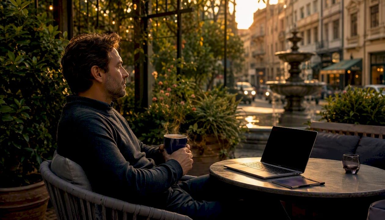 Man sitting with a coffee at an outdoor cafe table, an open laptop in front of him