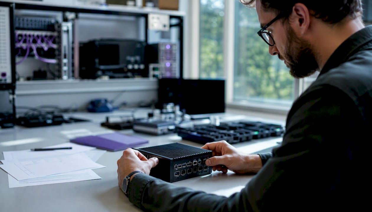 Technician handling hardware at a workbench in front of screens of code