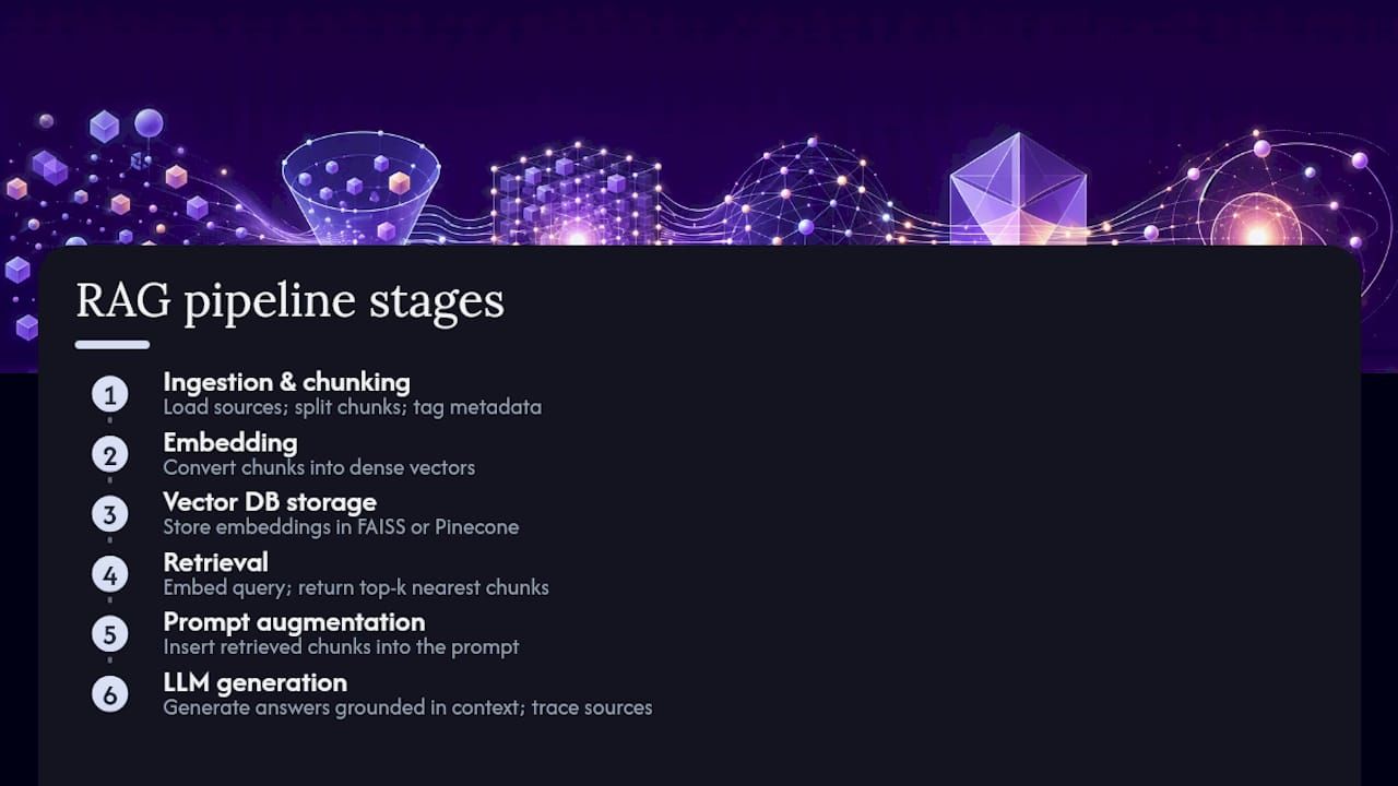 Diagram of the RAG pipeline stages: ingestion and chunking, embedding, vector storage, retrieval, prompt augmentation and generation