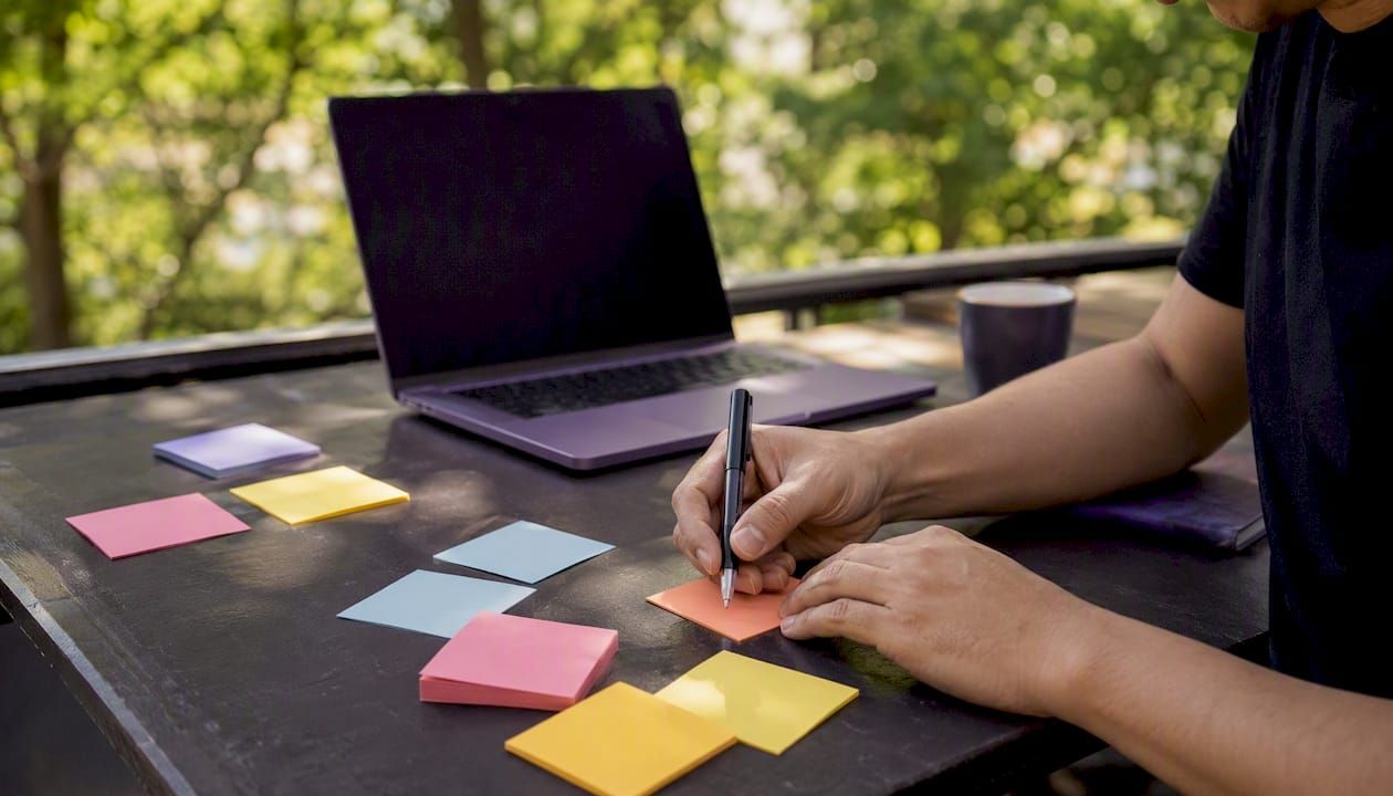 Hands writing on coloured sticky notes spread across an outdoor table beside a laptop