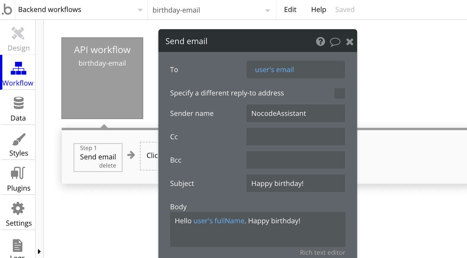 Screenshot of the Bubble editor configuring a send email step in a backend workflow