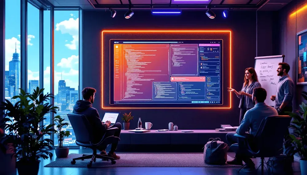 Team in a modern office facing a large screen full of code